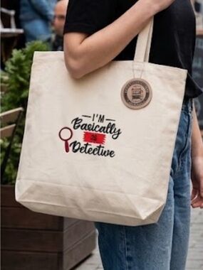 Cream Canvas Tote Bag with 'I'm Basically Detective' Print